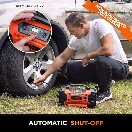 RoofPax Tire Inflator Portable Air Compressor for Car Tires 3 Power Sources AC/DC & Battery Heavy Duty Inflator/Deflator Digital Car Air Pump with Pressure Gauge 12V 110 AC 160 PSI For Car RV & Truck